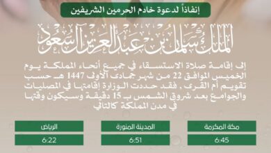 وزارة الشؤون الإسلامية تحدد مواقيت صلاة الاستسقاء بـ15 بعد شروق الشمس بحسب تقويم أم القرى بمناطق المملكة الخميس المقبل 3 1 248
