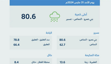 Screenshot 2024 03 31 at 16 00 43 البيئة عسير تسجّل أعلى كمية لهطول الأمطار بـ 80.6 ملم صحيفة صراحة الالكترونية